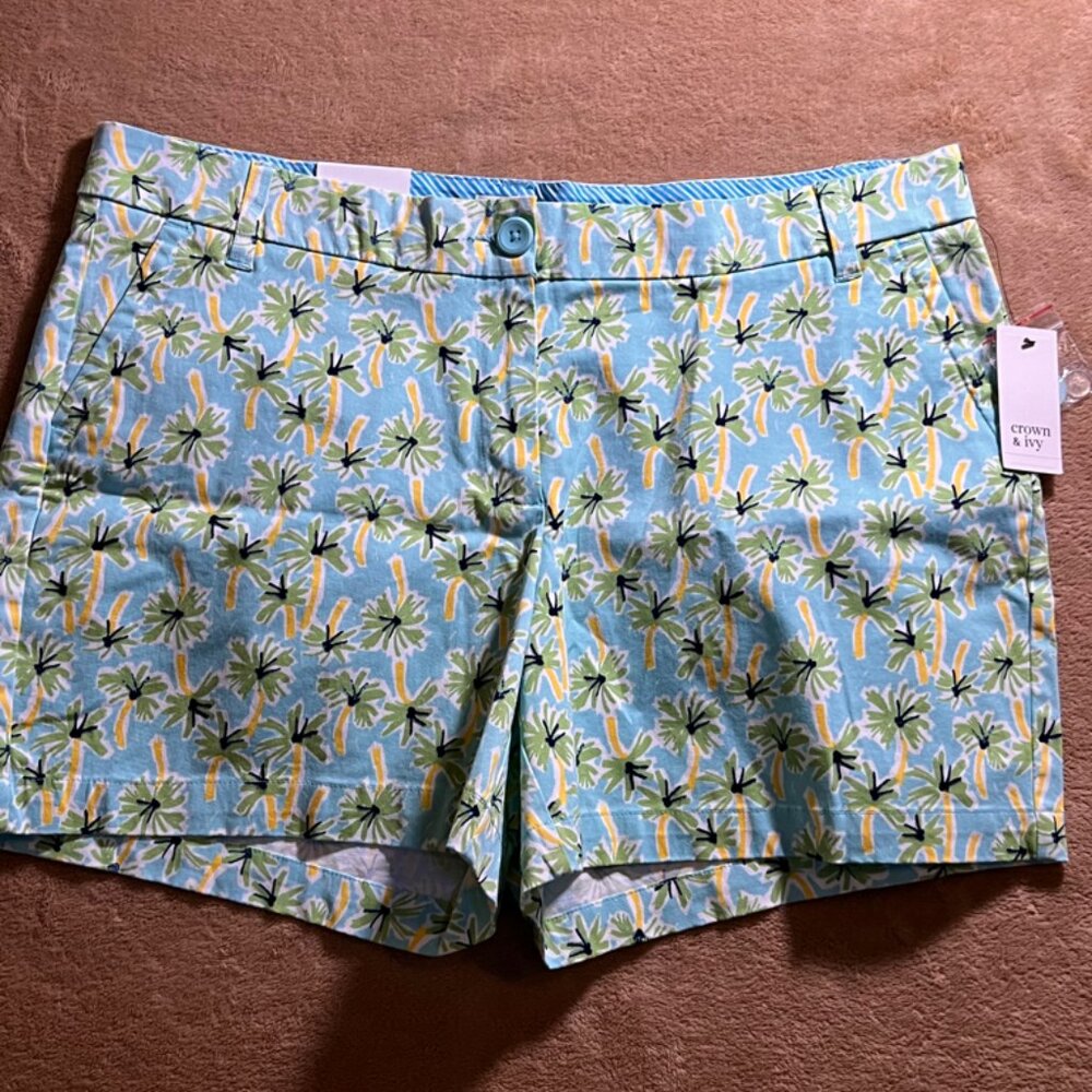Crown & Ivy Women 14 Aqua Green Yellow Palms High Raise Flat Front Chino Short